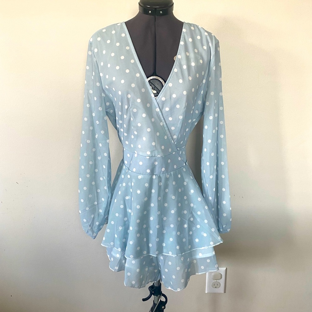NWOT! BEAUTIFUL SHEER SLEEVE/BACK ROMPER, DUSTY BLUE W/ WHITE POLKA DOT DETAIL